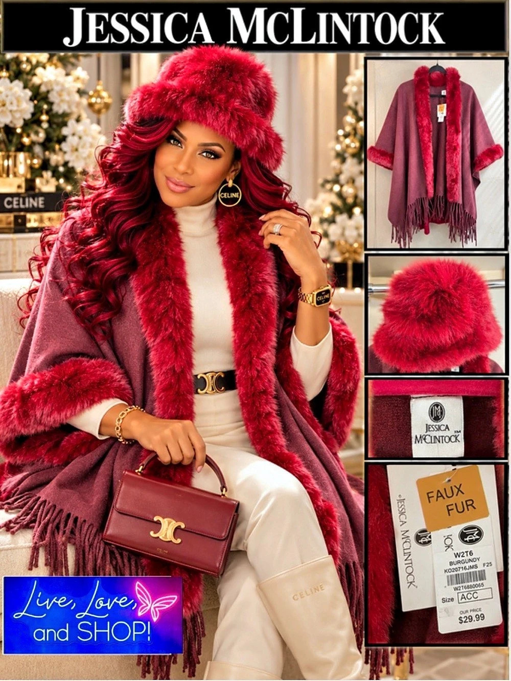 CAPE & HAT: Jessica McClintock Faux Fur Trim Poncho Fringe Cape, NWT & Hat, EUC